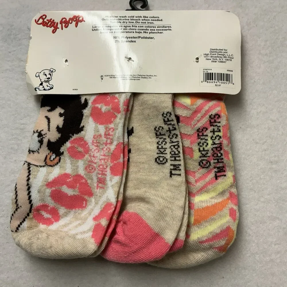 New w/Tag, 3 Pairs Betty Boop Theme No Show Adult Socks, Size 4-10, 3896